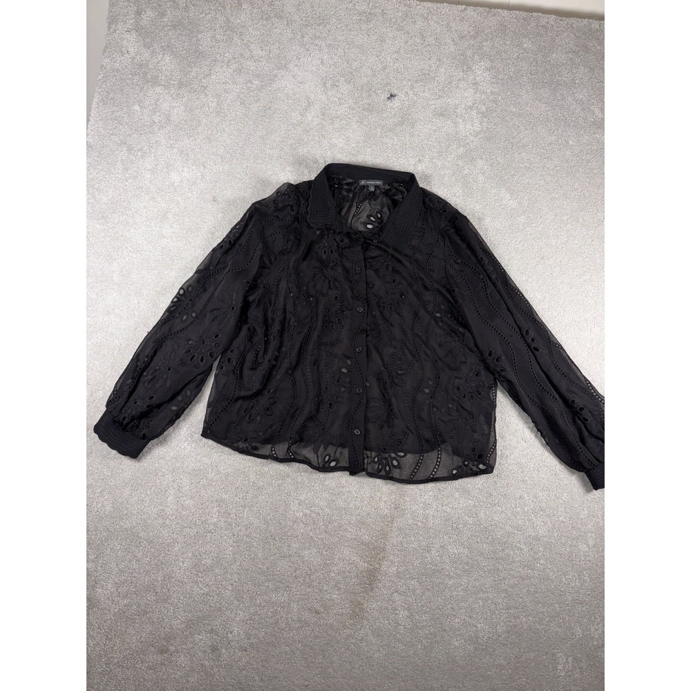 adrianna papell black sheer blouse button up black‎ floral eyelet detail xl
